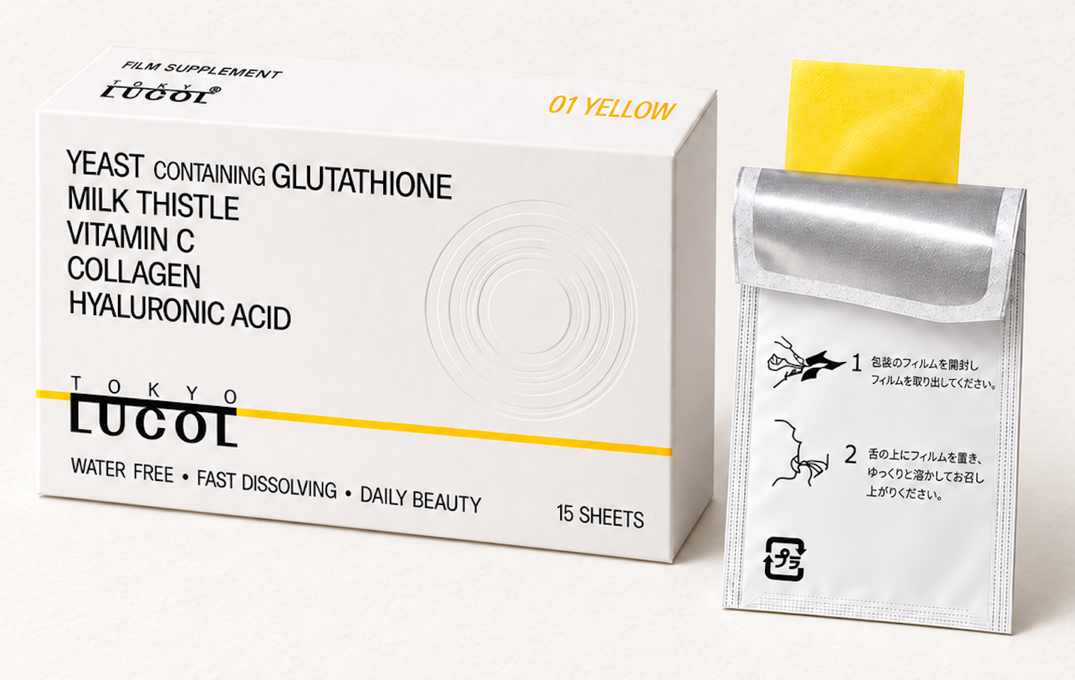 LUCOL Film 01 Yellowの箱と開封した個包装、黄色のフィルム